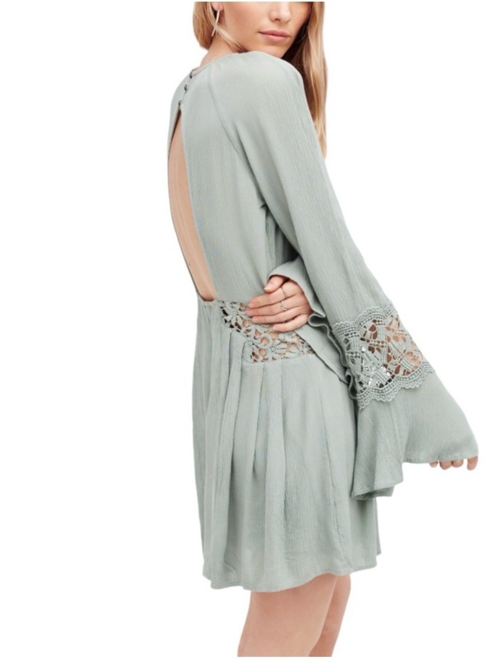 Free People Sunkissed Open Back Dress , sage green w lace detail, guc, sz 2